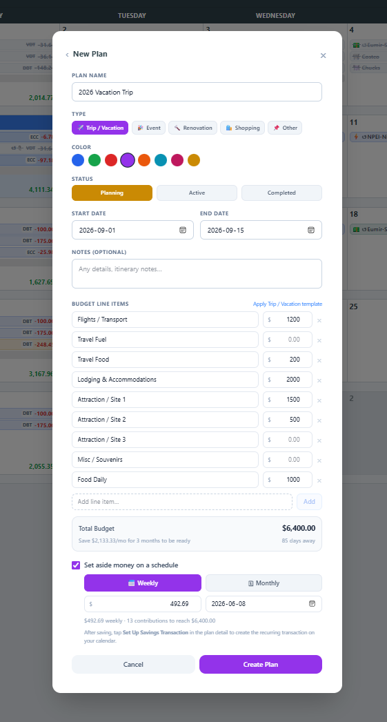 Budget Plan — 2026 Vacation Trip with line items and weekly savings schedule