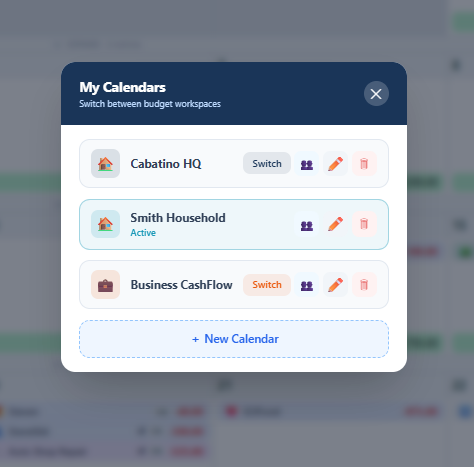 My Calendars — switch between Cabatino HQ, Smith Household, and Business CashFlow