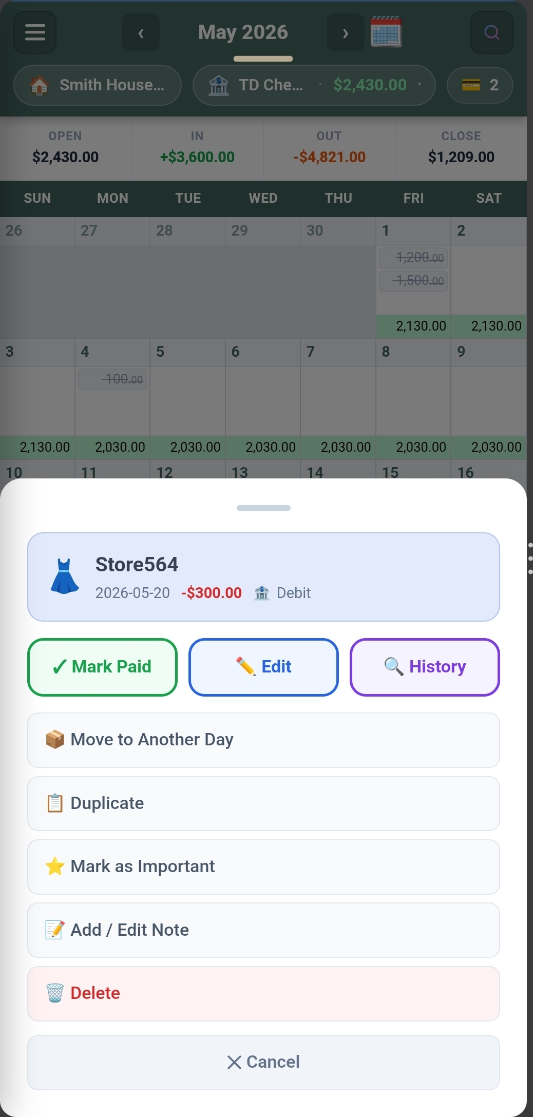Mobile transaction action sheet — Mark Paid, Edit, History, Move, Duplicate, Note, Delete