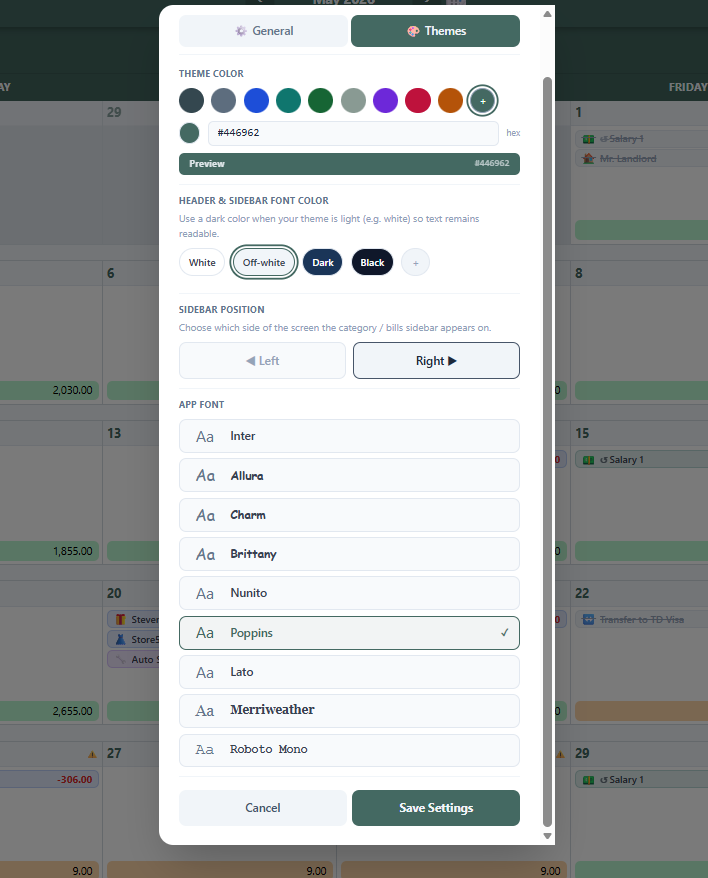 Theme settings — theme color, header text color, sidebar position, app font