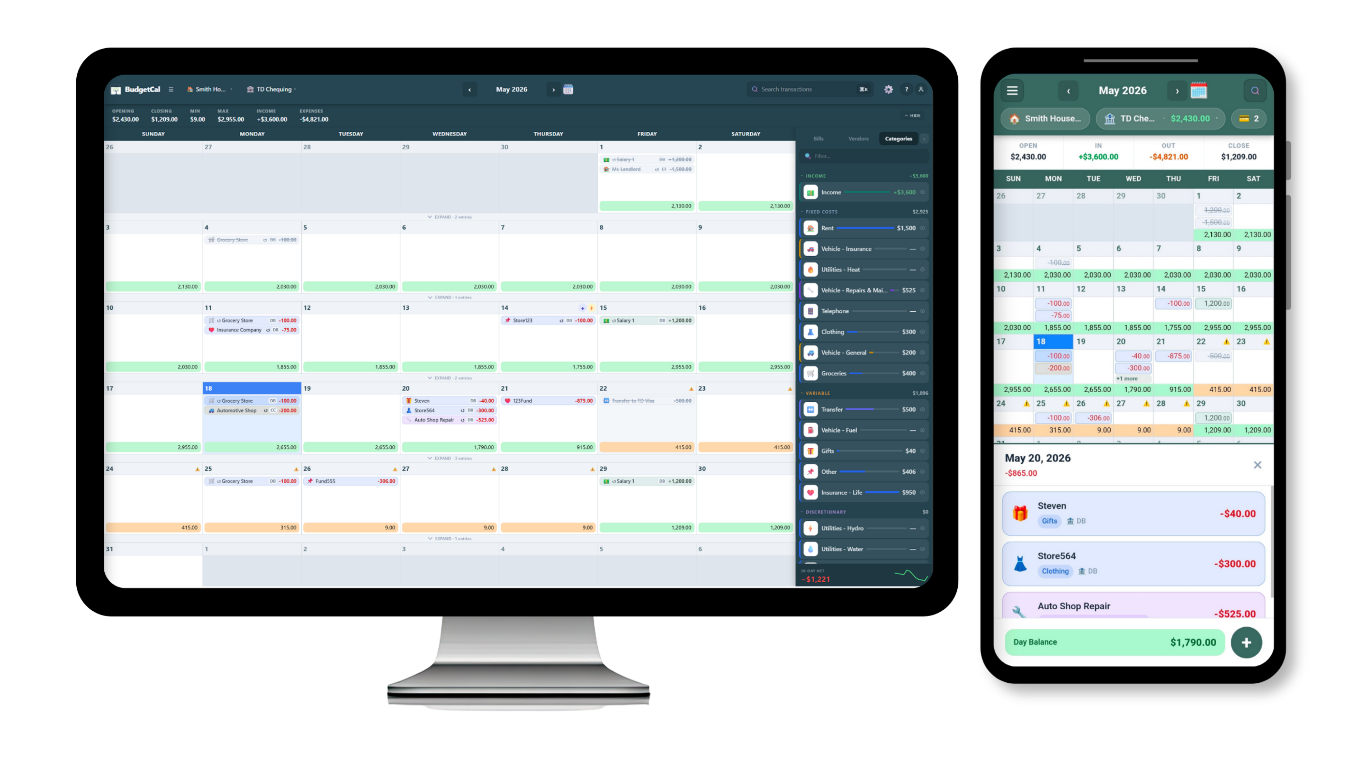 BudgetCal Budget Calendar app on desktop and mobile — showing the May 2026 calendar with categories