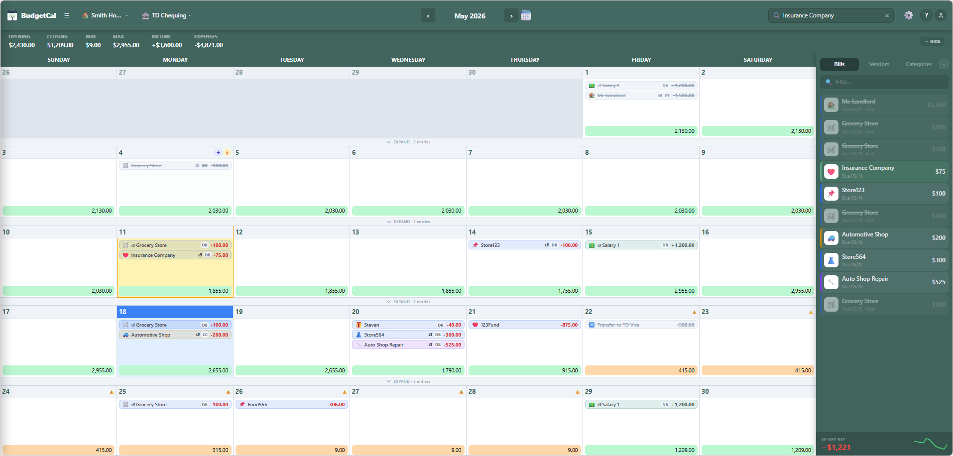 BudgetCal search — Bills, Vendors, and Categories sidebar tabs with filter
